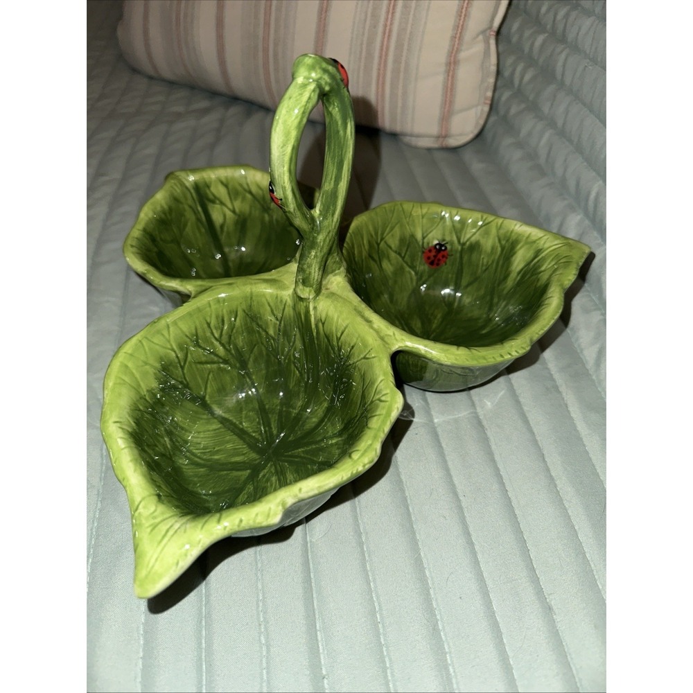 Pier 1  - 3 Section Ceramic Green Leaf /ladybug Condiment Bowls w/ Handle